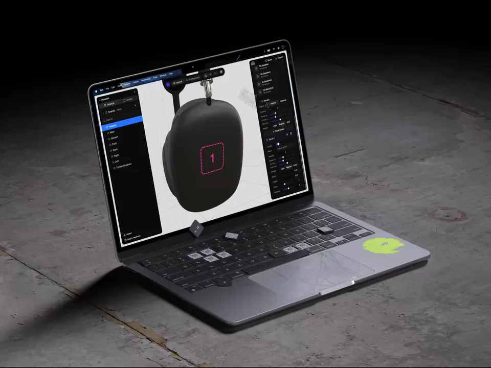 Placing a numbered decal zone on the ear cup, then resizing and rotating it from the decals panel.
