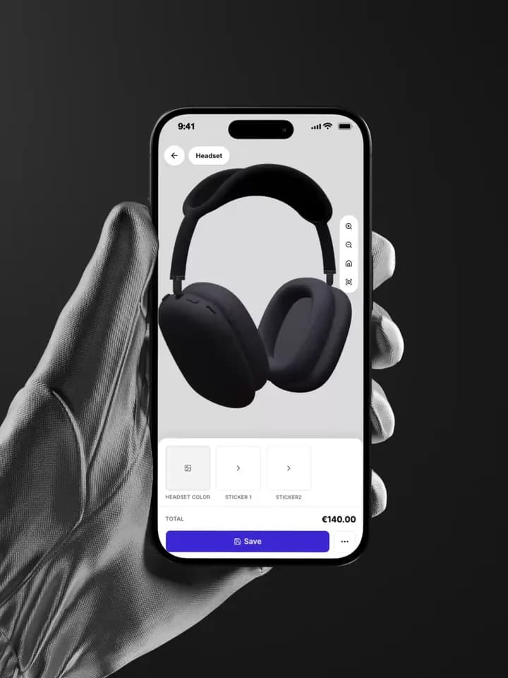 The viewer on a phone, uploading a logo into a sticker slot, placing it in the full-screen 2D editor and seeing it land on the ear cup.