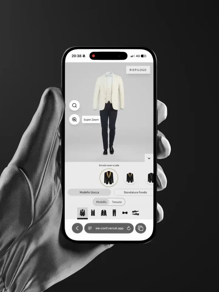 The configurator on a phone, switching jacket models on a cream jacket, then changing it to navy and a black damask.
