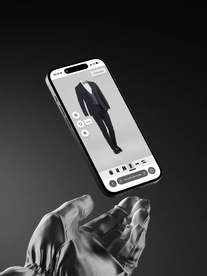On a phone, the suit turns to show its back, then the summary lists the shirt, trousers, accessories and shoes.
