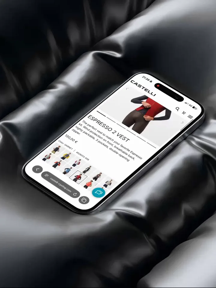 On a phone, Find your ideal size opens from the size row of a Castelli product page, and the profile form is filled in with the keyboard.