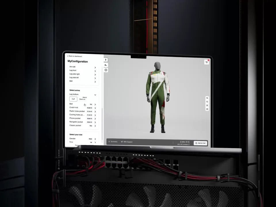Racing shoes in the configurator: two logo zones on the side, a Michelin logo placed from the library, then the product picker.