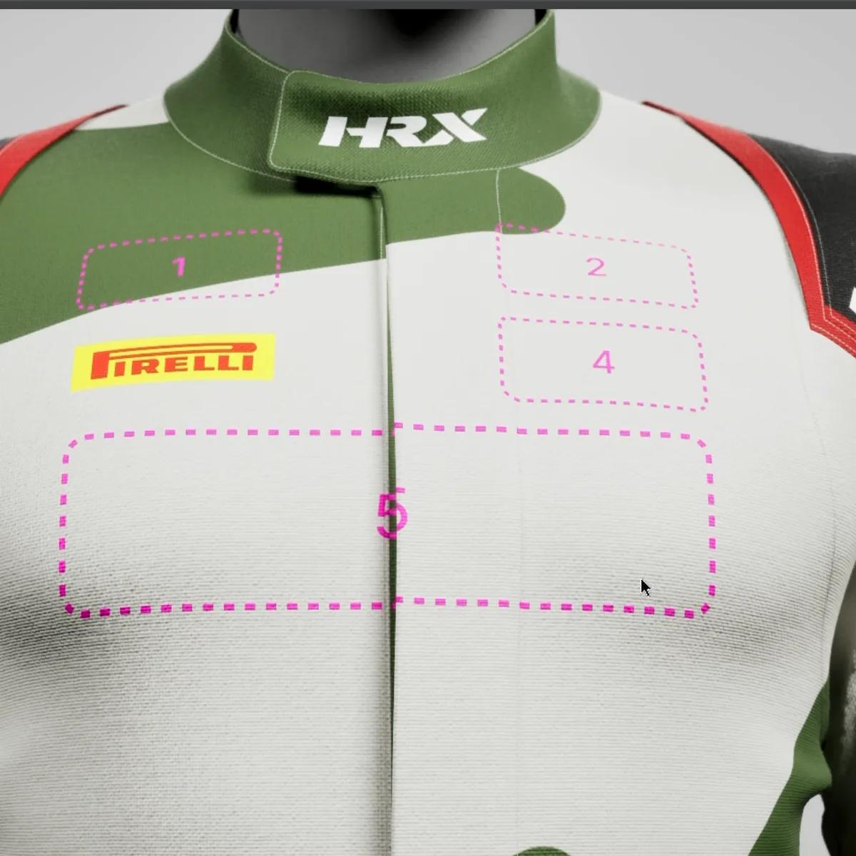 A sponsor logo on the chest, with the five logo positions outlined.