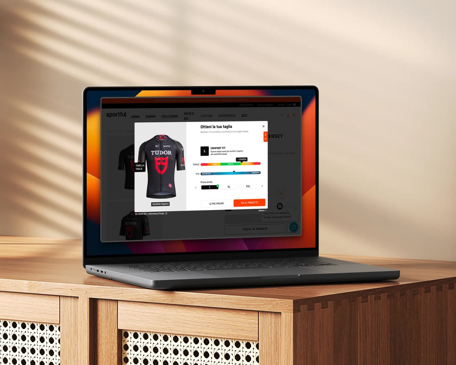 The size widget open over a Sportful product page, recommending a size with the fit shown as a spectrum.